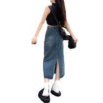 High waist slit denim skirt for women summer new small A-line skirt retro casual mid-length hip skirt
