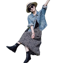 Retro denim jacket with dress for women spring and autumn new high street American blue long-sleeved short denim top