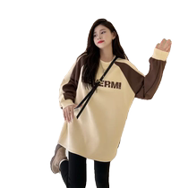 Mid-length contrasting color raglan sleeve long-sleeved T-shirt sweatshirt for women spring and autumn letter age-reducing print with shark library top