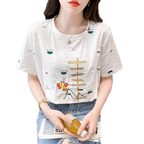 Pure Cotton White Short Sleeve T Shirt Woman Summer New Loose Embroidered Printed Compassionate Fashion 100 Hitch Lean Blouse