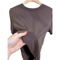 Coffee color right shoulder short-sleeved T-shirt for women summer new style shirt simple slim fit elastic temperament round neck top