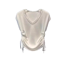 Ice silk knitted short-sleeved T-shirt womens summer design v-neck drawstring pleated beaded T-shirt high-end big-name top