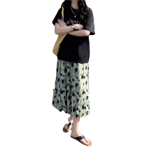 Chiffon floral skirt womens new summer high-waist slim A-line skirt pear-shaped figure covering the crotch mid-length umbrella skirt