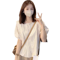 Chiffon shirt womens short-sleeved summer thin shirt puff sleeves to cover belly slim babydoll shirt fashionable and versatile top
