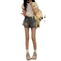 American Retro Hot Girl Denim Shorts Womens 2024 New Summer Distressed High Waist Elastic Slim A-Line Hot Pants