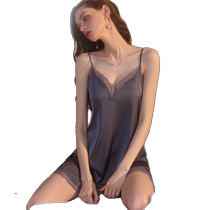 Ice silk sexy pajamas for women 2024 new summer suspender nightgown high-end lace pure desire home wear set