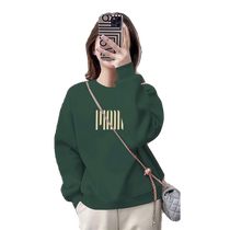 Fashionable dark green round neck sweatshirt for women spring and autumn new letter print age-reducing plus velvet thickened versatile top