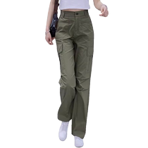 Military green American overalls for women in summer new loose straight pants high waist hiking pants sports outdoor casual pants