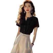 French black short-sleeved shirt for women in summer high-end and unique shirt chic matching skirt chiffon top