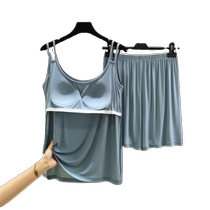 Womens Summer Thin Summer Suit with Padded Suspender Pajama Suit Can Be Weared Outside Modal Home Clothes Suspender Pajama Pants Two-piece Set