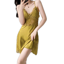Sexy Pajamas Women Summer Ice Silk Thin Style with Breast Pad Small Breast Lace 2024 Suspender Nightgown Nightgown Two-piece Set