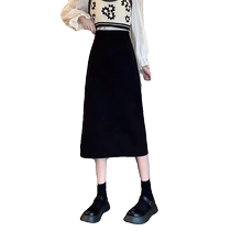 Black suit skirt for women autumn and winter high waist slit a line skirt petite 150 slim elastic waist woolen skirt