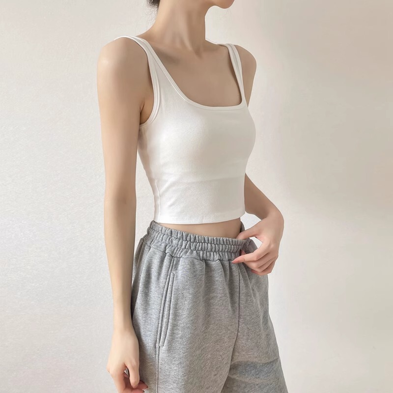 White Camisole with Breast Pads for Women with Square Collar, Short Slim-Fitting Sleeveless Top, Bra-Free Sports Vest