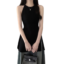 Halter neck knitted camisole feminine pure lust style shoulder top wear mid-length slit sleeveless top