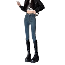 High-waisted skinny jeans for women in autumn and winter plus velvet four-way elastic slim-fitting peach-butt slimming retro pencil pants small-legged pants