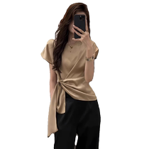 French light luxury acetate satin short-sleeved T-shirt for women in summer waist-cinching foreign-style high-end big-name shirt top