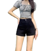 Black denim shorts for women in summer thin high-waisted stretchy slim versatile A-line pants tight hip-hugging hot pants for hot girls