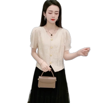 New Chinese style short-sleeved v-neck chiffon shirt for women summer new high-end short shirt button-down top