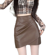 Irregular pu leather skirt skirt for women autumn and winter new high-waist slim A-line skirt fashionable and versatile hip-hugging short skirt