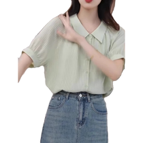Polo collar short-sleeved chiffon shirt for women in summer loose belly-covering slim western-style shirt unique and chic top