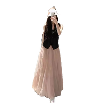 Pink gauze skirt womens summer new high-waist drape slim a-line mesh skirt mid-length large swing umbrella skirt