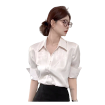 High-end temperament three-quarter sleeve lapel shirt for women summer French retro shirt slimming mid-sleeve chiffon top