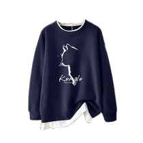 Navy blue mid-length sweatshirt for women to cover buttocks spring and autumn new loose casual versatile top with shark pants