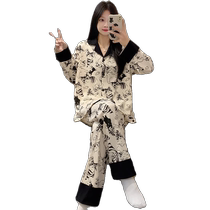 Long-sleeved pajamas with breast pads for women 2024 spring and autumn trousers cute cartoon anti-bump home clothes set can be worn outside
