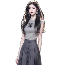 European gray ice silk knitted sleeveless t-shirt for women summer high-end big-name t-shirt fashionable style short-sleeved top thin