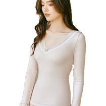 Thermal underwear set for women in autumn and winter low-necked cotton sweater bottoming shirt lace edge V-neck tight body-fitting autumn clothing and long trousers