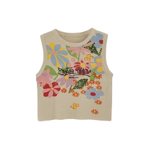 Graffiti printed short racer vest for women casual versatile knitted sleeveless top green work vest