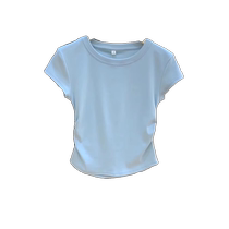 Milk blue dopamine solid color right shoulder short-sleeved T-shirt for women summer pleated waist slim shirt pure desire top