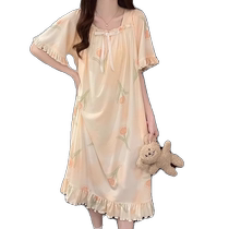 Ice silk pajamas with breast pads for women 2024 new summer princess style sweet short-sleeved nightgown home clothes can be worn outside