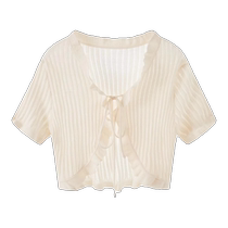 Ice silk hollow knitted short-sleeved sun protection cardigan for women summer thin shawl with suspender skirt and blouse top