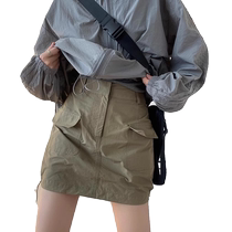 American workwear skirt for women summer new high-waisted slim A-line skirt casual versatile short skirt army green skirt