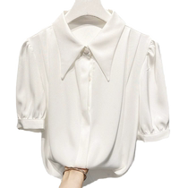White chiffon shirt womens short-sleeved summer French lapel beaded style shirt loose slim puff sleeve top