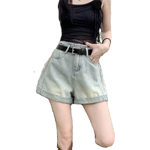 Light-colored curled denim shorts for women summer new high-waisted slimming A-line wide-leg pants American retro all-match hot pants