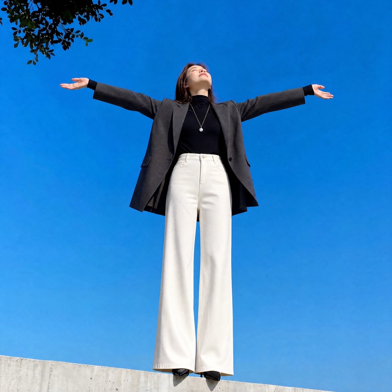 High-End White Non-Tight Flared Jeans for Women, Spring and Autumn Straight-Leg Supermodel Pants, High-Waisted, Paired with High Heels, Bell-Bottom Pants