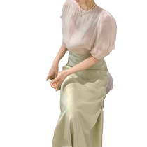 Green acetate satin skirt for women summer new high-waist slim hip skirt high-end mid-length fishtail skirt