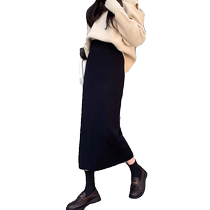 Black knitted skirt for women in autumn and winter high-waisted slim woolen skirt temperament commuting crotch-covering mid-length hip-covering skirt