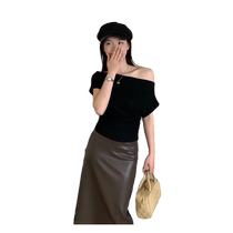 French style one-shoulder top for women summer pleated slim-fitting high-end slim shirt off-shoulder short-sleeved T-shirt