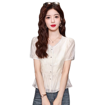 Temperamental chiffon embroidered short-sleeved shirt for women in summer waist-cinching to cover belly chic and beautiful blouse French skirt top