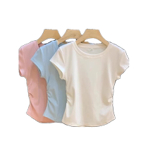 Right shoulder short-sleeved T-shirt for women summer new hot style pure cotton slim fit pleated waist short sweet hot girl top