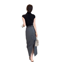Gray suit skirt for women summer high waist slit A-line skirt pear-shaped figure covering the crotch and slimming mid-length skirt