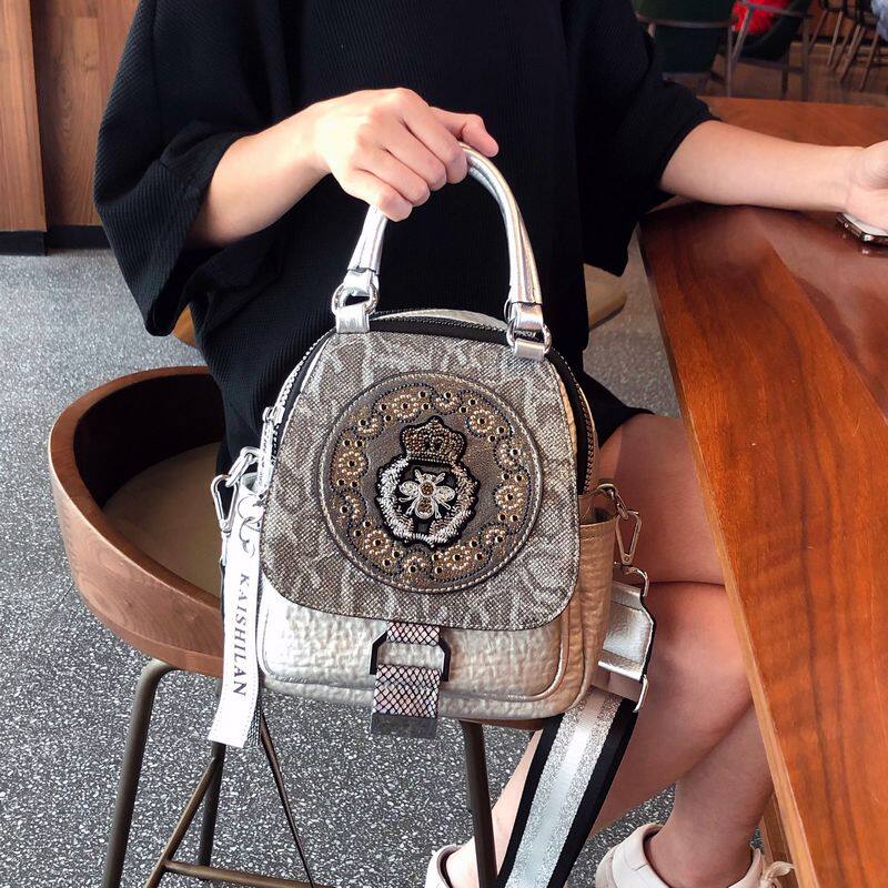 Hong Kong Chao brand silver hot diamond shoulder bag female Korean fashion leather wild leather leather multi-purpose small bag