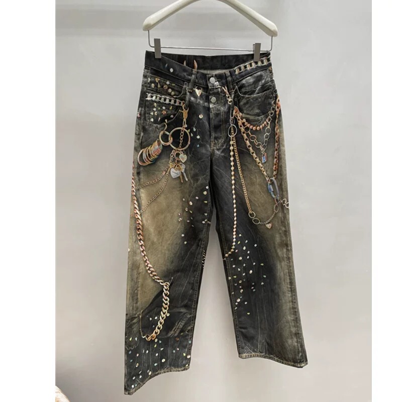 Blcgtnt 26Ss Year of the Horse Limited Edition Black Gold Chain 3D Print 1981 Pants Style Unisex Wide Leg Jeans Trendy