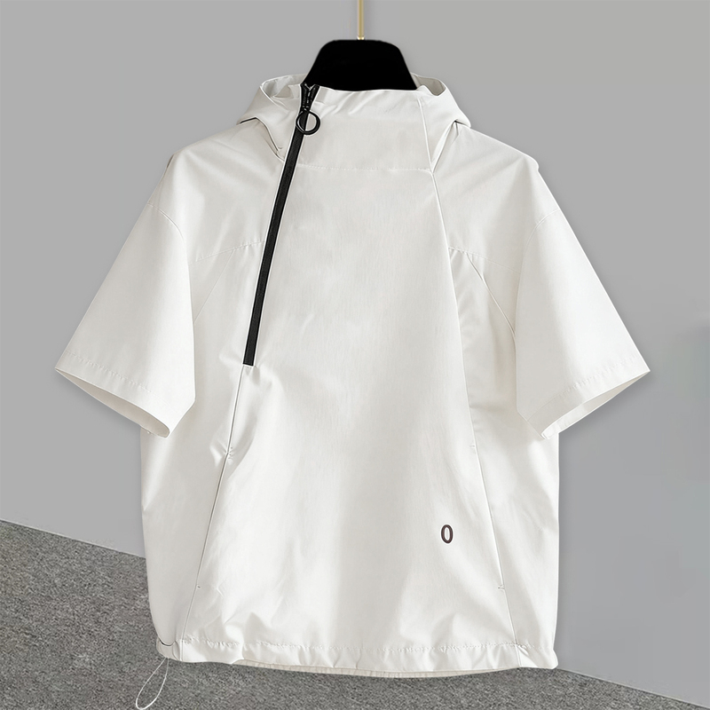 Summer New Trendy Diagonal Zipper Hooded Short-Sleeved T-Shirt Top for Men, Loose and Slimming, Functional Casual Top