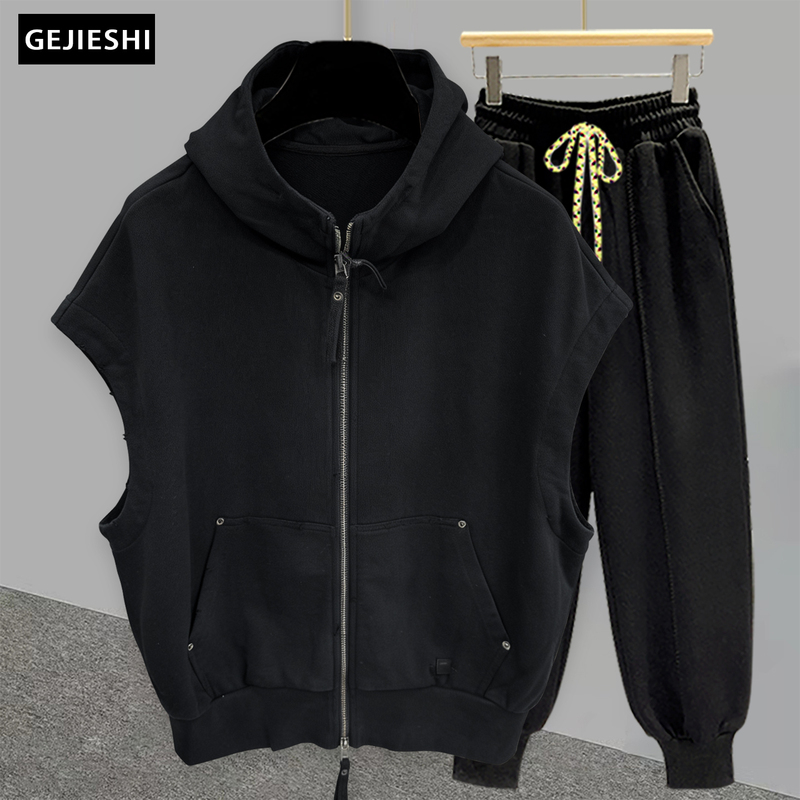 Summer Trendy Zip-Up Hooded Vest Set for Men and Women, Loose Sleeveless Vest with Pockets, High-End Style Outerwear