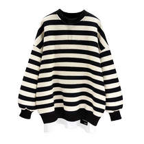 Striped fake two-piece sweatshirt for women 2024 autumn and winter new style simple loose and foreign style plus velvet mid-length coat top