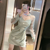 Autumn new dress female French celebrity wind waist slim mesh stitching neck halter back temperament fairy dress